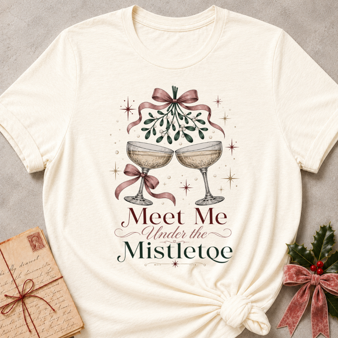 Natural relaxed fit tee with Meet Me Under the Mistletoe lettering, two champagne coupes, blush bows and a sprig of mistletoe