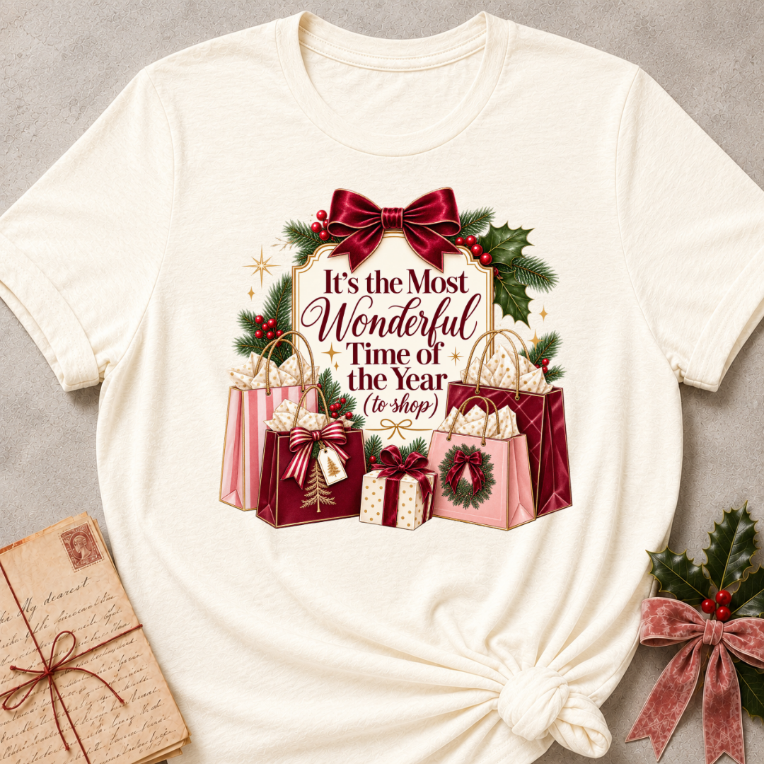 Natural relaxed fit tee with It's the Most Wonderful Time of the Year to Shop lettering, a burgundy velvet bow, holly and stacked gift bags