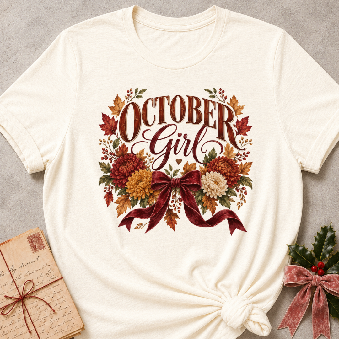 Natural cream women's relaxed tee with an October Girl script design with rust and gold mums, autumn leaves, and a burgundy velvet bow