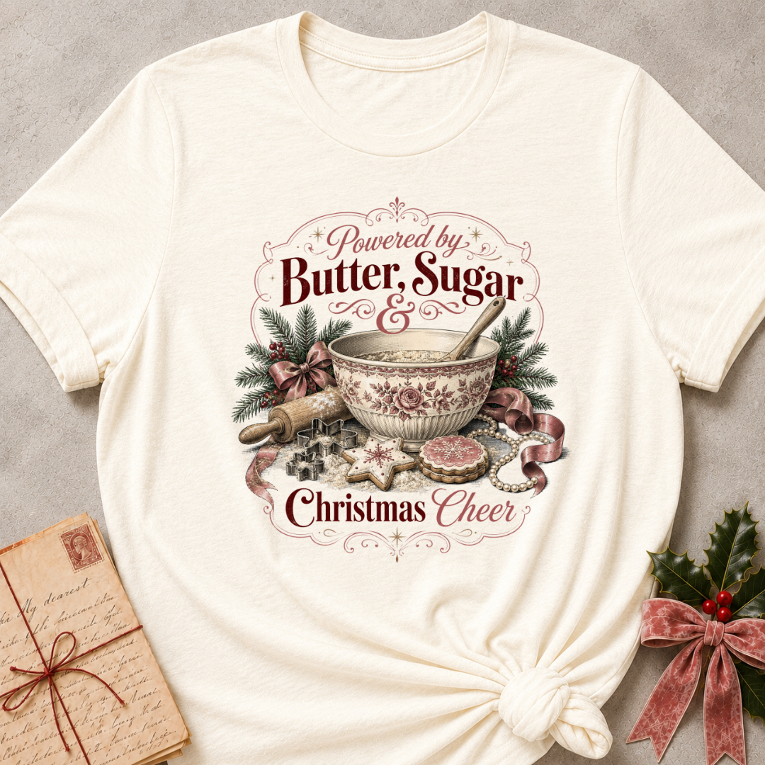 Natural cream relaxed fit tee with a vintage mixing bowl and Christmas greenery