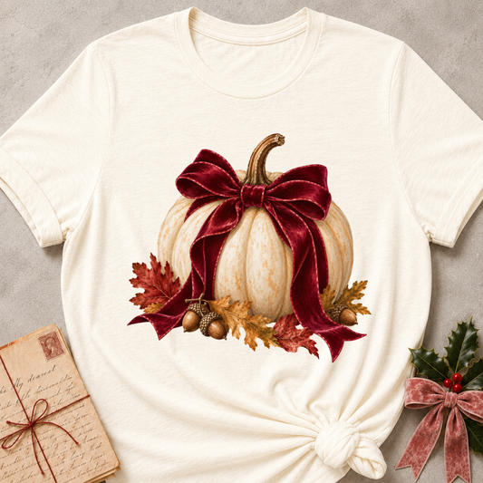 Natural cream women's relaxed tee with a cream pumpkin wrapped in an oversized burgundy velvet bow, acorns, and autumn leaves