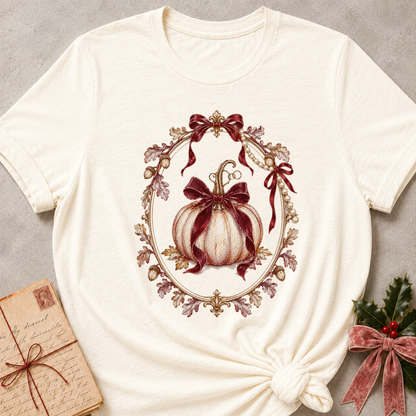 Natural cream women's relaxed tee with a cream heirloom pumpkin tied in burgundy bows inside an ornate gold mirror frame with pearls and oak leaves