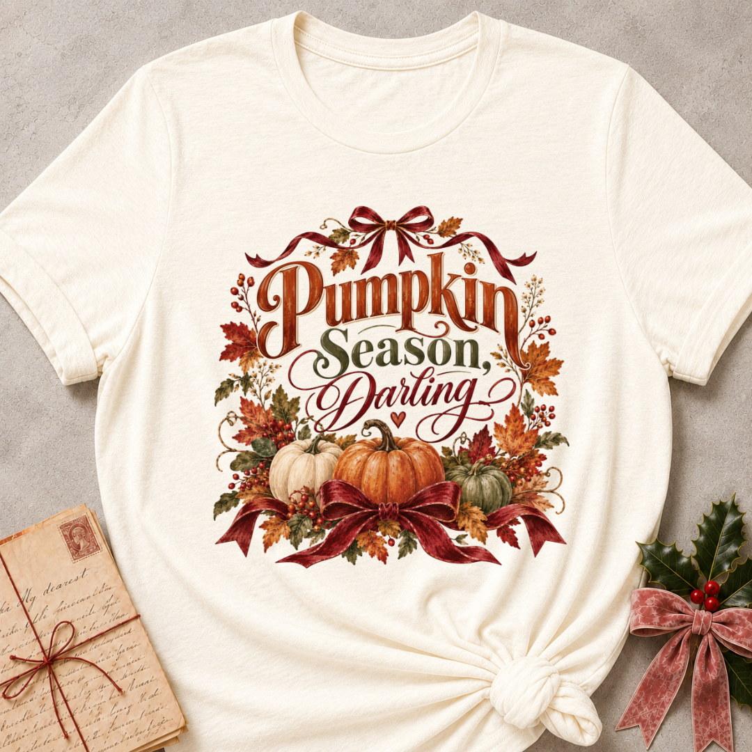 Natural cream women's relaxed tee with a Pumpkin Season, Darling script design with heirloom pumpkins, autumn leaves, and burgundy ribbon bows