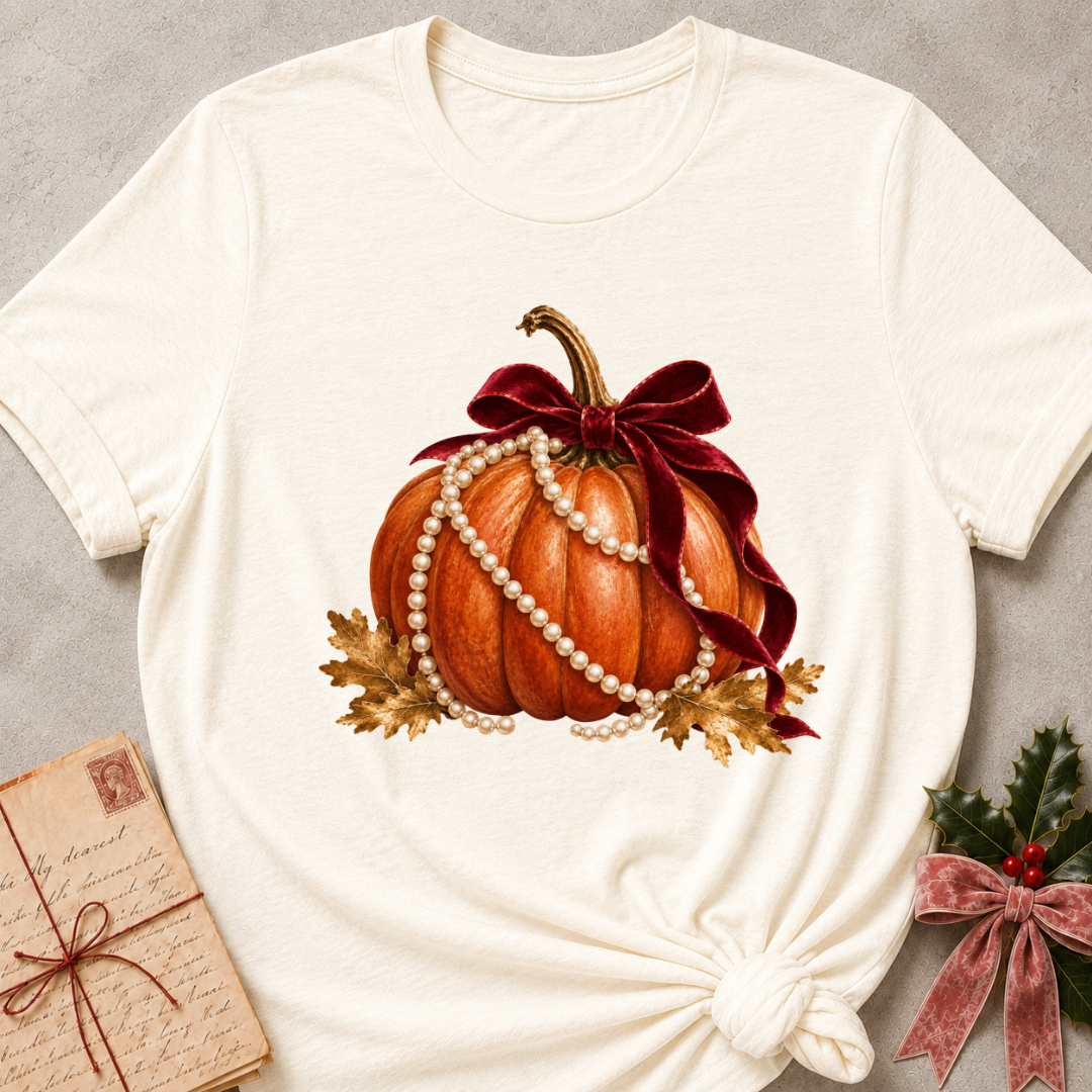 Natural cream women's relaxed tee with an orange pumpkin draped in pearls with a burgundy velvet bow and golden autumn leaves