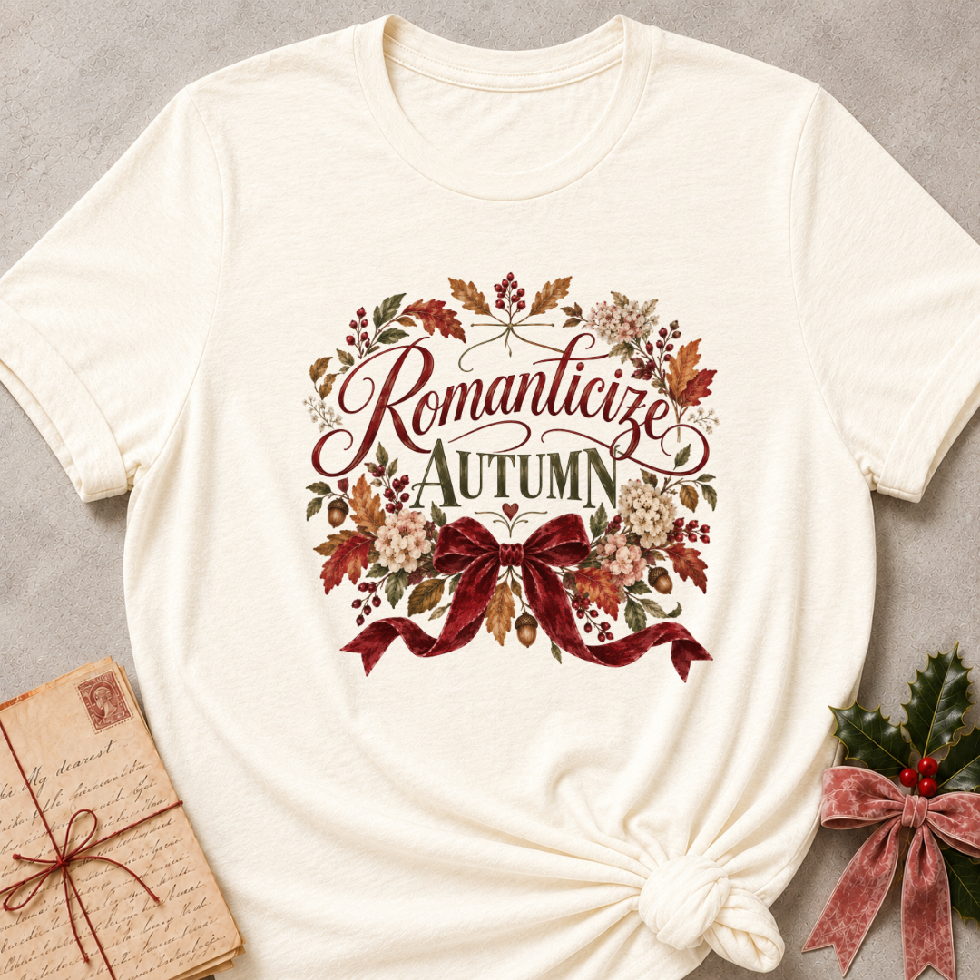Natural relaxed fit tee with Romanticize Autumn script lettering, autumn leaves, cream blooms and a burgundy velvet bow