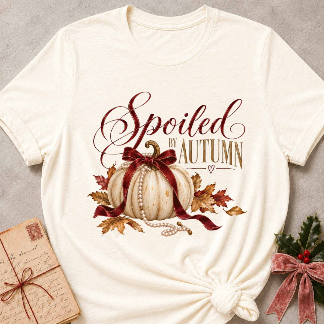 Natural cream women's relaxed tee with Spoiled by Autumn script over a cream pumpkin tied in a burgundy velvet bow, pearls, and fall leaves