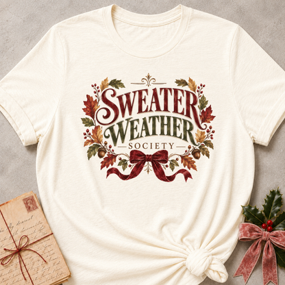 Natural relaxed fit tee with vintage Sweater Weather Society lettering, autumn leaves, acorns and a velvet bow