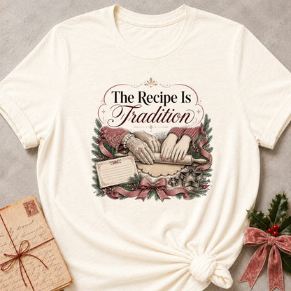 Natural cream relaxed fit tee with hands rolling dough and The Recipe Is Tradition lettering