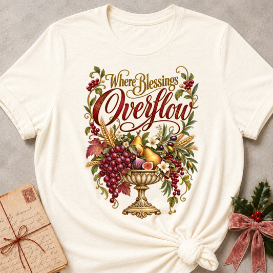 Natural relaxed fit tee with Where Blessings Overflow script and a golden urn of grapes, pears, figs and wheat