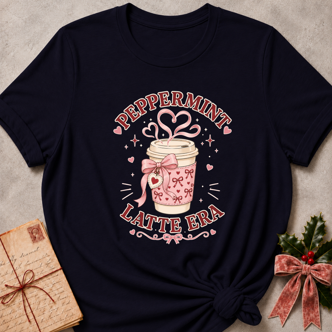 A navy blue graphic t-shirt featuring a pink and white 'Peppermint Latte Era' coffee cup design, styled in a flat-lay with a vintage notebook and a holly sprig on a textured gray background.