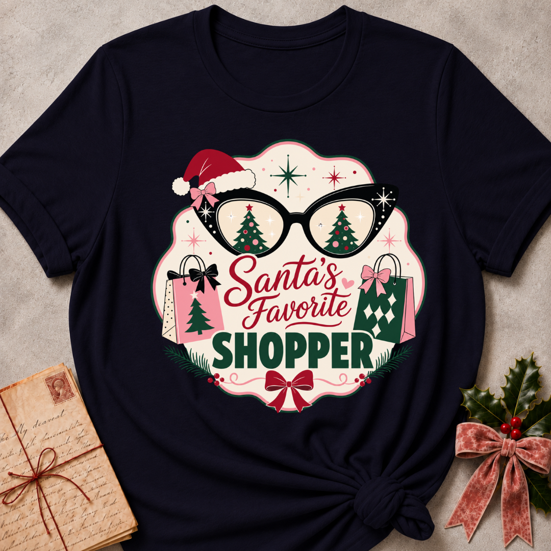 A black graphic t-shirt featuring a festive Christmas design with the text 'Santa's Favorite SHOPPER' in red and green, accompanied by glasses with Christmas tree reflections, shopping bags, and a Santa hat, presented in a styled flat-lay with holiday props.