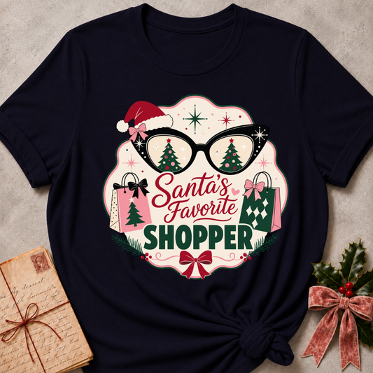 A black graphic t-shirt featuring a festive Christmas design with the text 'Santa's Favorite SHOPPER' in red and green, accompanied by glasses with Christmas tree reflections, shopping bags, and a Santa hat, presented in a styled flat-lay with holiday props.