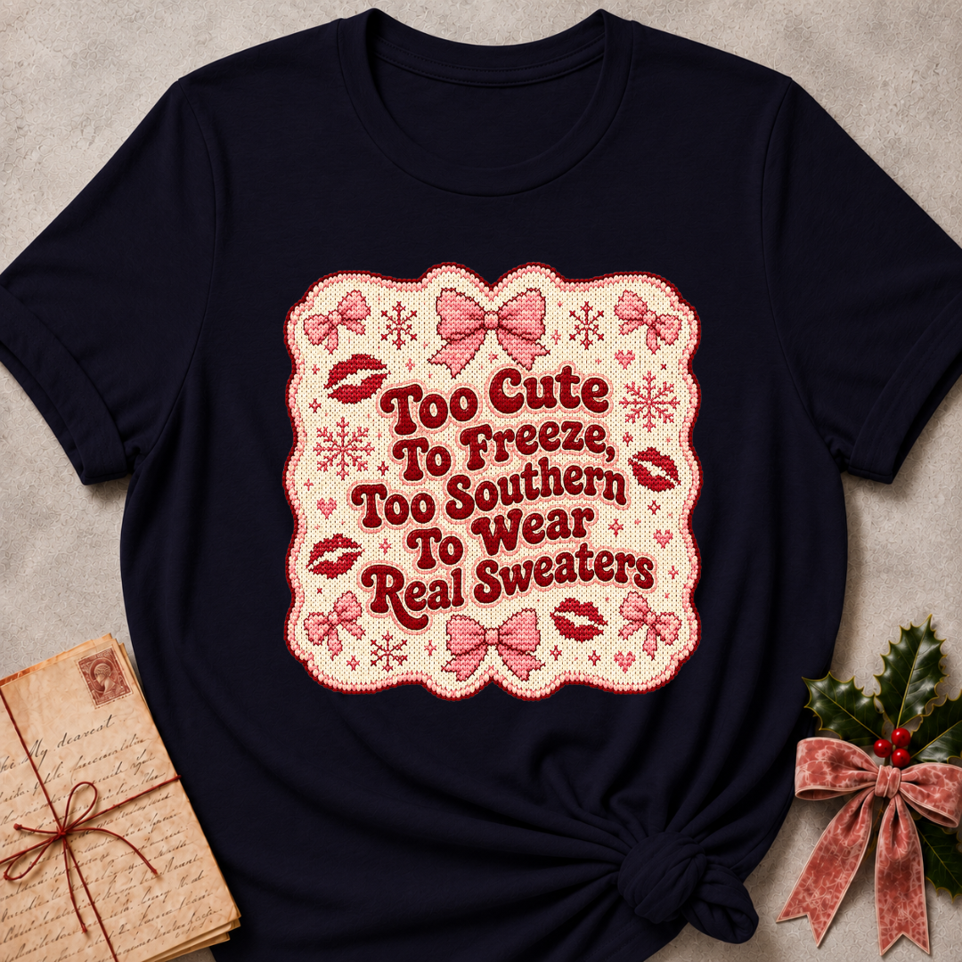 A navy blue graphic t-shirt with a pink and red embroidered-style design reading 'Too Cute To Freeze, Too Southern To Wear Real Sweaters' surrounded by bows, lip prints, and snowflakes, styled on a gray textured background with a vintage notebook and holly in the corners.