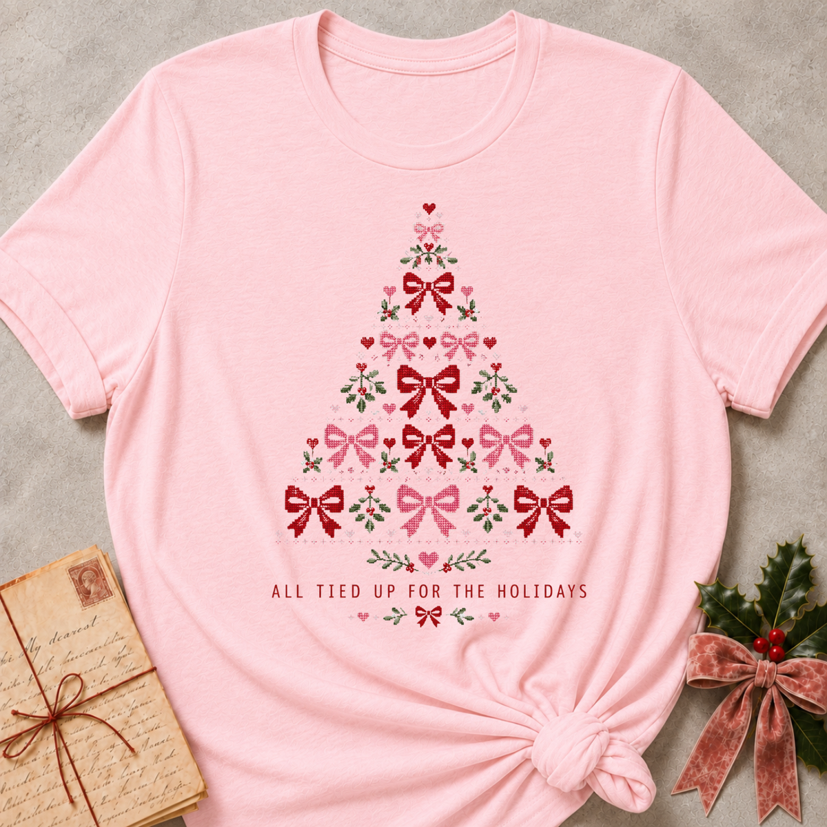 A light pink short-sleeve crewneck t-shirt with a Christmas tree made of red and pink bows, hearts, and green leaves, featuring the text 'ALL TIED UP FOR THE HOLIDAYS' at the bottom. The shirt is styled flat on a gray textured background with a vintage letter and holly in the corners.