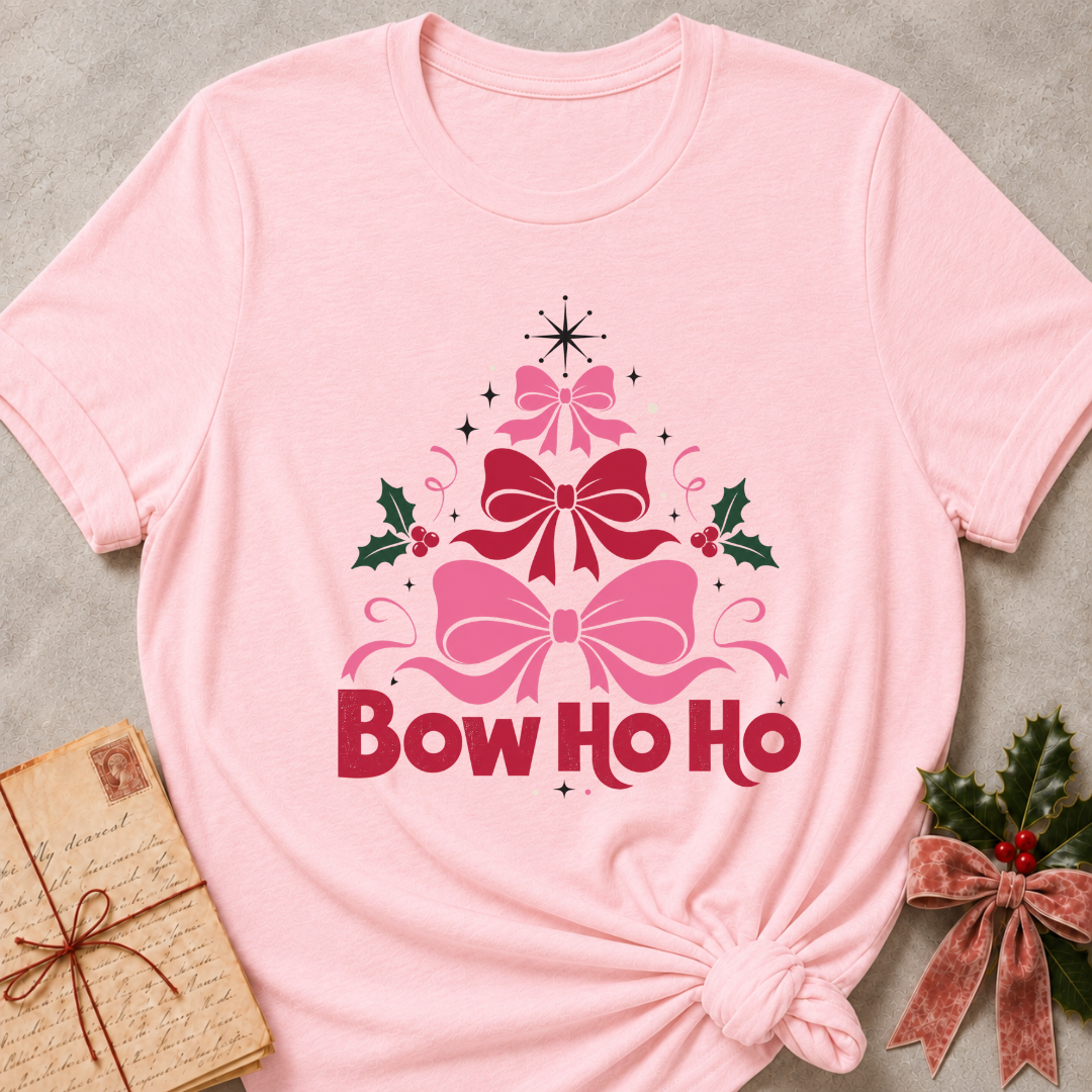 A light pink short-sleeve t-shirt with a Christmas graphic featuring three pink and red bows, holly leaves, and the text 'Bow Ho Ho' in red. The shirt is styled in a flat-lay with a vintage letter and a small holly sprig on a textured gray background.