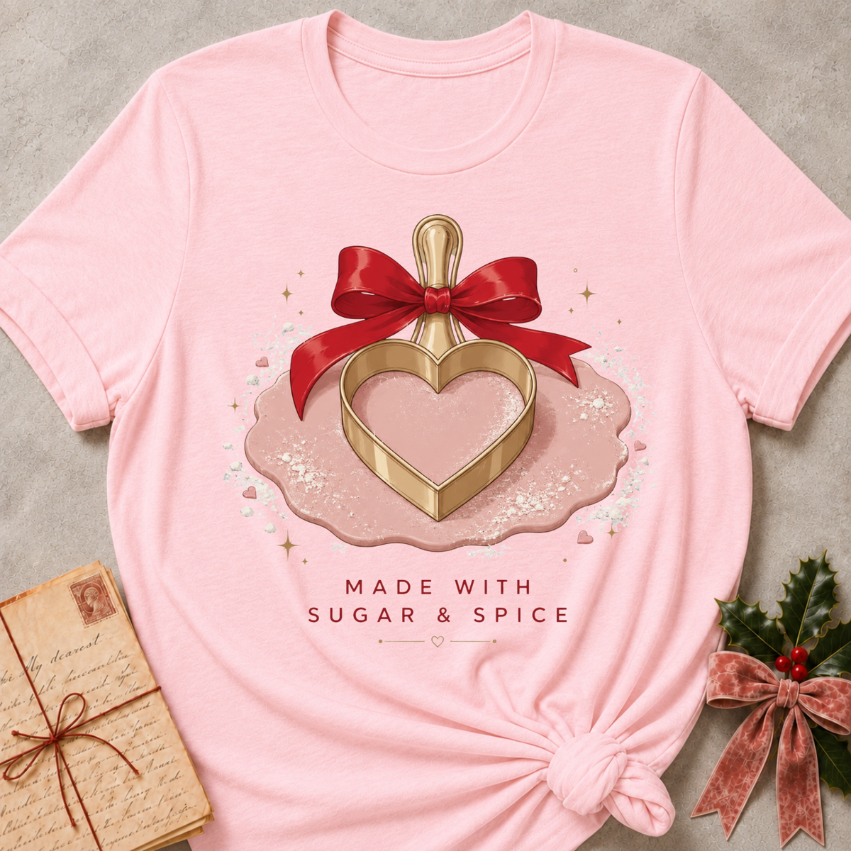 A light pink short-sleeve t-shirt with a graphic of a gold heart-shaped perfume bottle tied with a red ribbon, resting on a pink puddle with the text 'MADE WITH SUGAR & SPICE'. The shirt is styled flat on a gray textured background with a vintage letter and holly in the corners.