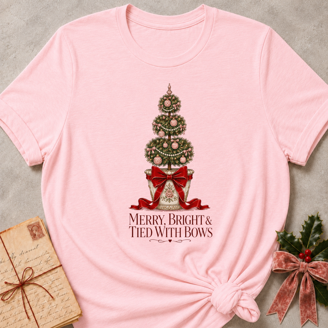 A light pink short-sleeve t-shirt with a Christmas tree graphic and the text 'MERRY, BRIGHT & TIED WITH BOWS' printed on the front. The t-shirt is styled in a flat-lay arrangement with a vintage letter, a holly sprig, and a pink ribbon on a textured gray background.