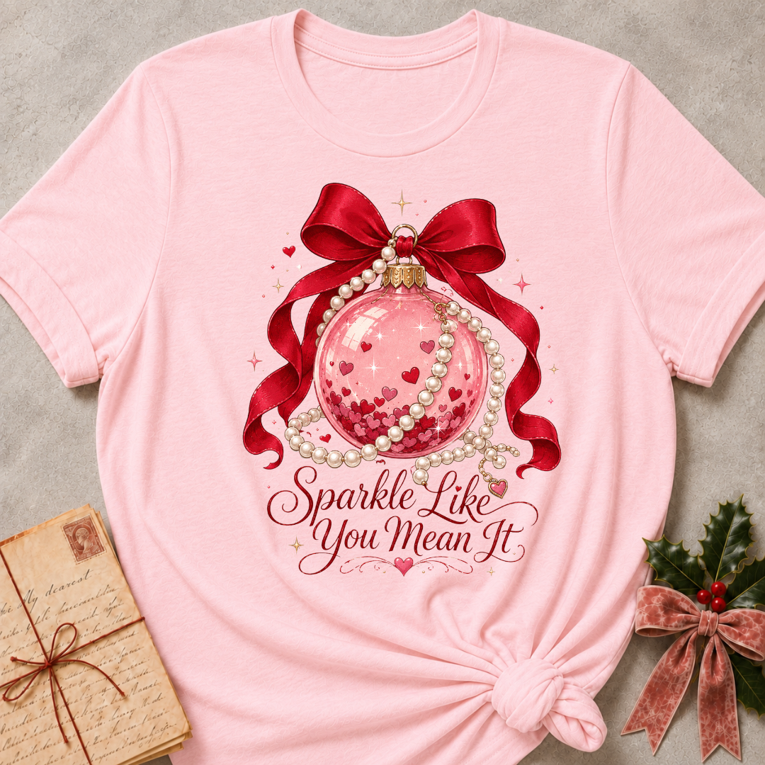 A light pink short-sleeve t-shirt with a Christmas ornament graphic featuring a red ribbon, pearls, and the text 'Sparkle Like You Mean It'. The shirt is styled in a flat-lay with a vintage letter, holly, and a rose gold bow on a textured gray background.