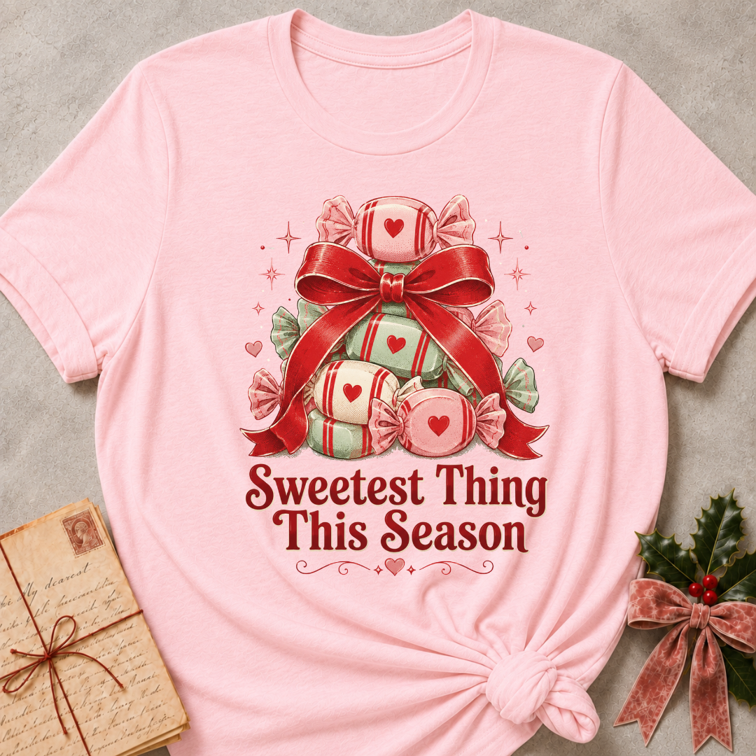 A light pink short-sleeve t-shirt with a Christmas-themed graphic of wrapped candies under a red bow and the text 'Sweetest Thing This Season'. The t-shirt is styled flat on a textured gray background with a vintage envelope and holly in the corners.