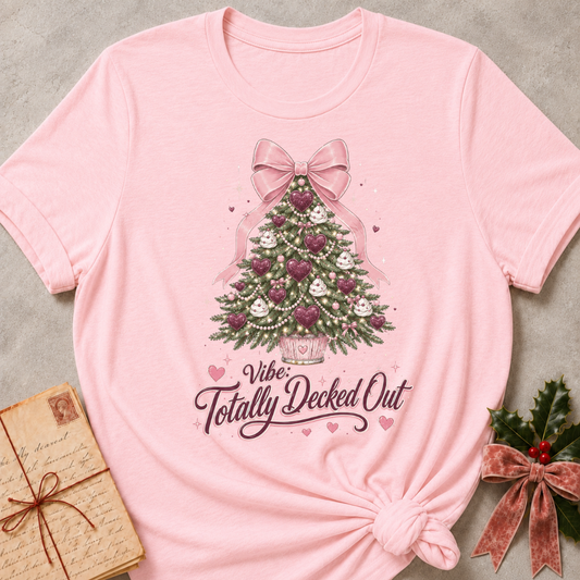 A light pink short-sleeve t-shirt with a Christmas tree graphic and the text 'Vibe: Totally Decked Out' printed on the front, styled flat-lay on a gray textured background with a vintage letter and holly props.