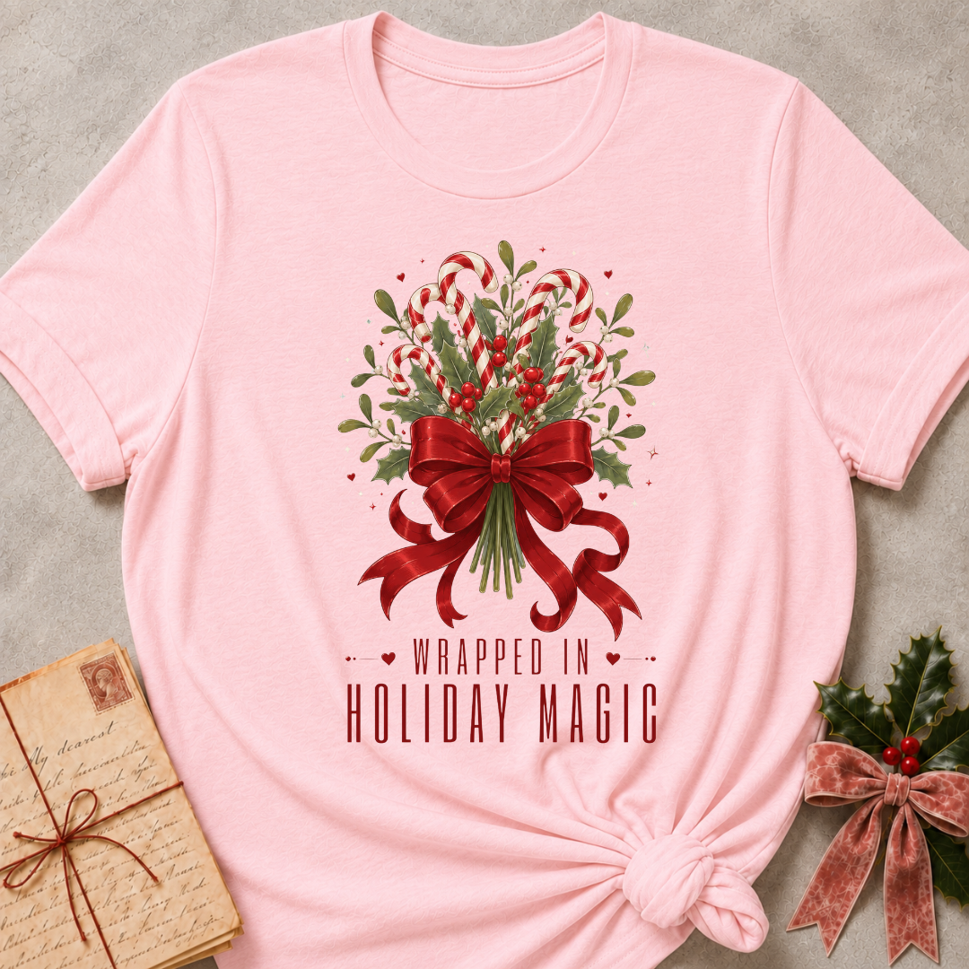 A light pink short-sleeve t-shirt with a Christmas-themed graphic print featuring a bouquet of candy canes, mistletoe, and a red bow, with the text 'WRAPPED IN HOLIDAY MAGIC'. The t-shirt is styled in a flat-lay arrangement with a vintage letter and a holly sprig on a textured gray background.