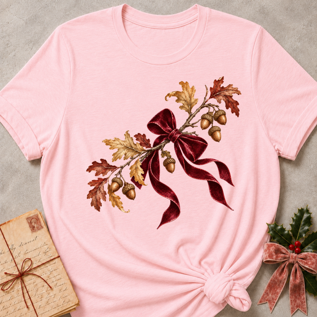 Pink relaxed fit tee with a cluster of acorns, oak leaves and a soft plaid bow