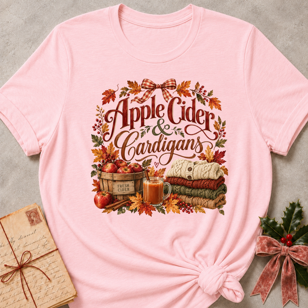 Pink relaxed fit tee with Apple Cider and Cardigans lettering, a cider mug, a basket of red apples, stacked sweaters and a gingham bow