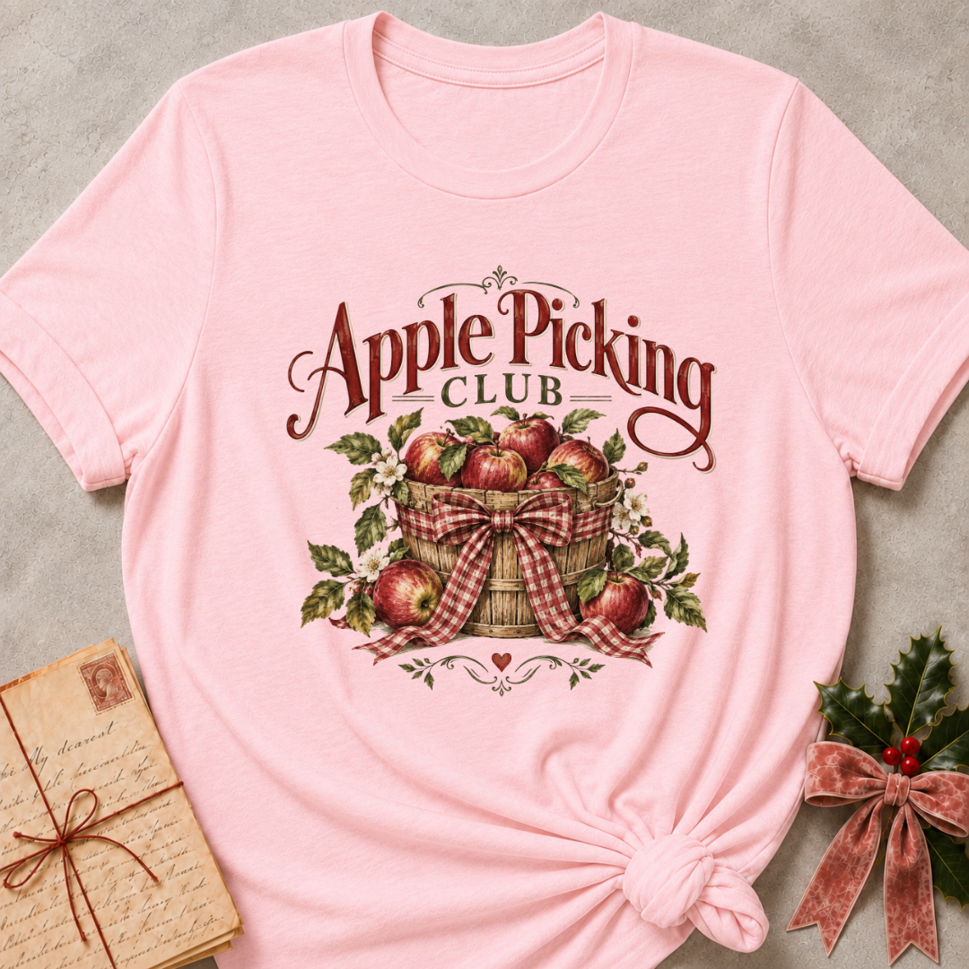 Pink relaxed fit tee with an Apple Picking Club basket of red apples, blossoms and a gingham bow