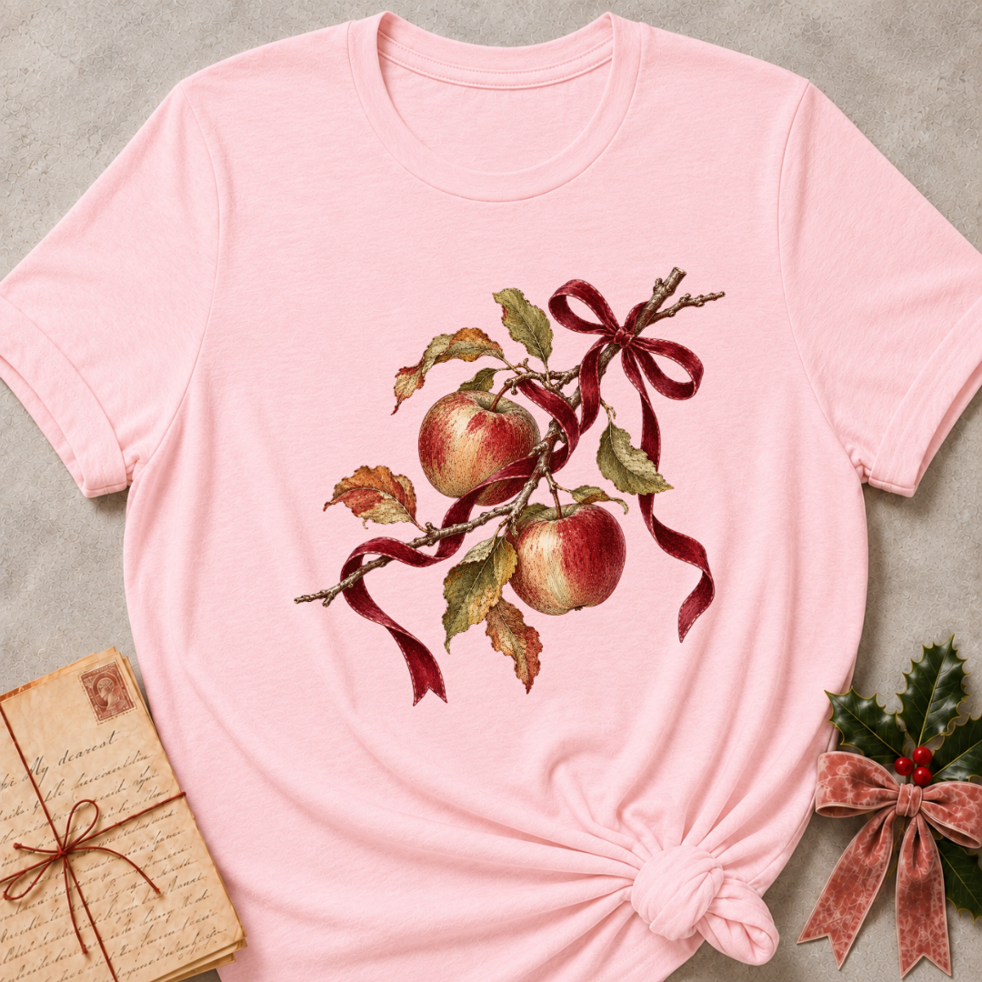 Pink relaxed fit tee with red apples, autumn leaves and a gingham bow