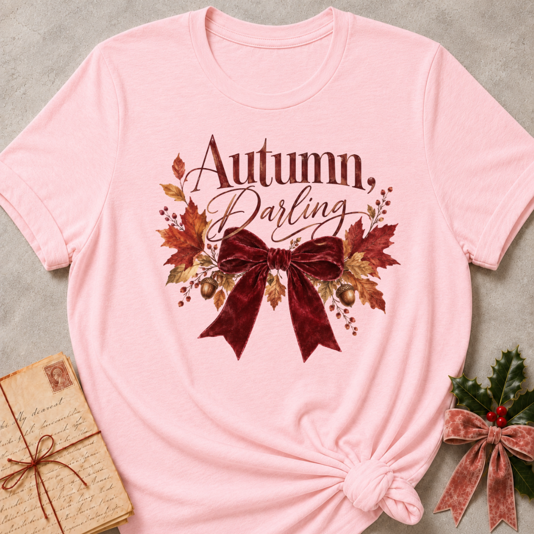 Autumn, Darling script with a burgundy velvet bow, golden acorns, and falling leaves on a soft pink relaxed fit tee