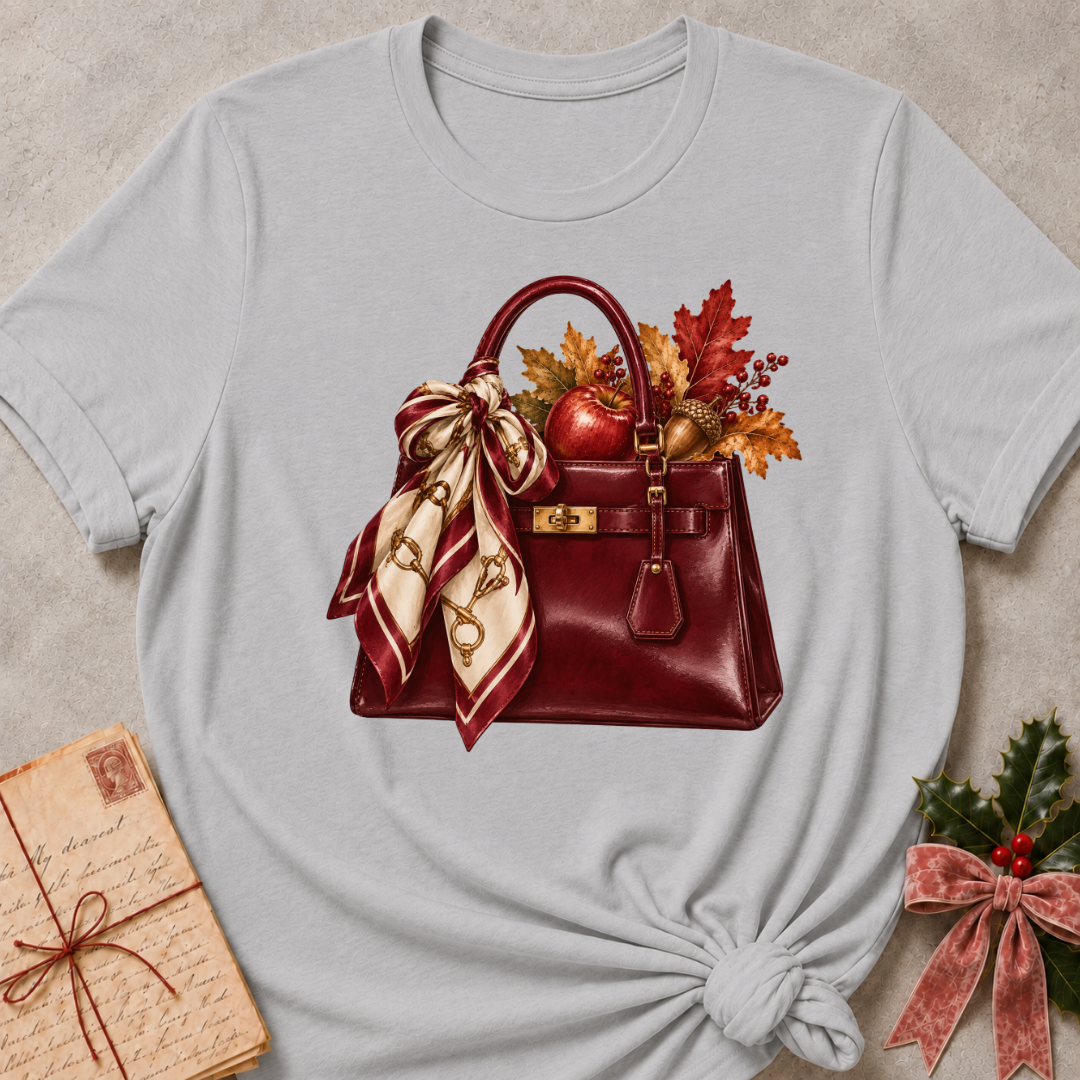 Pink relaxed fit tee with a burgundy handbag, silk scarf and autumn leaves