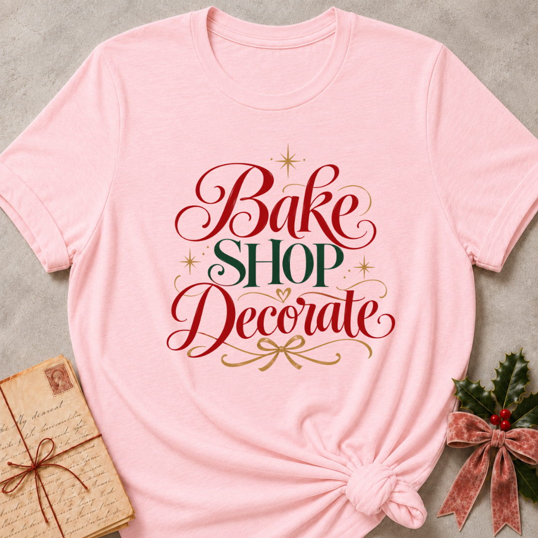 Pink women's relaxed tee with a red and green Bake Shop Decorate script design and a bow accent