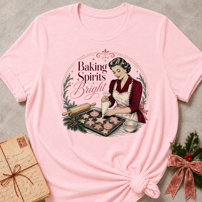 Soft pink relaxed fit tee with a vintage baker piping Christmas cookies
