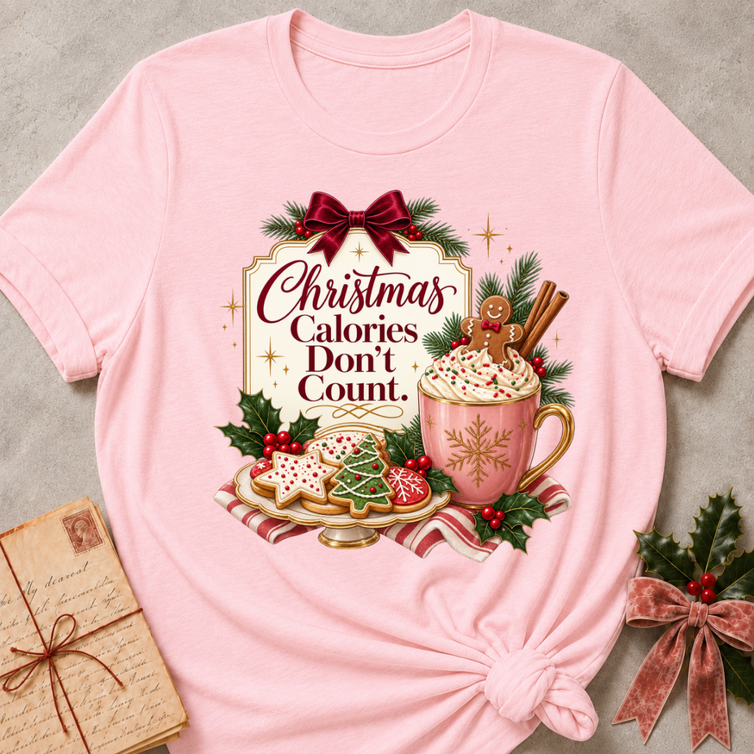 Pink relaxed fit tee with Christmas Calories Don't Count lettering, frosted cookies, a cocoa mug with a gingerbread man and a burgundy bow
