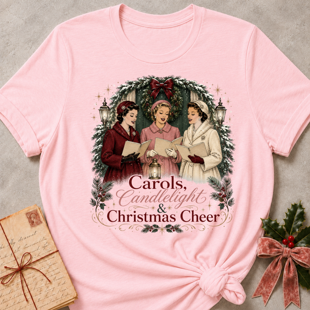 Soft pink relaxed fit tee with three vintage carolers by lantern light