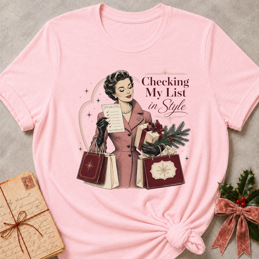 Pink relaxed fit tee with Checking My List in Style lettering, a vintage woman in a rose coat holding her list and burgundy shopping bags