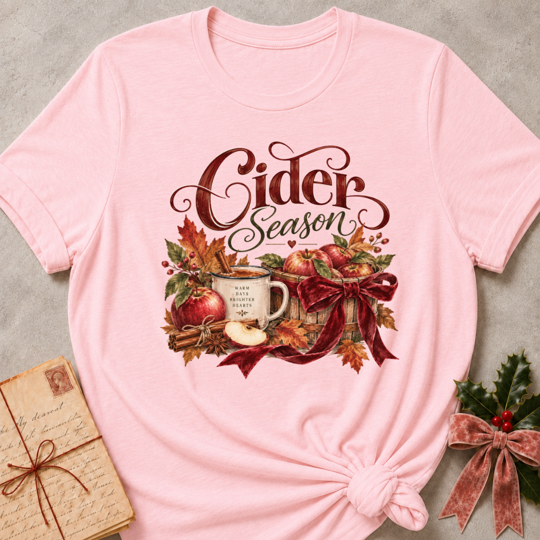 Pink women's relaxed tee with a Cider Season script design with a cider mug, red apples, cinnamon sticks, and a burgundy ribbon bow