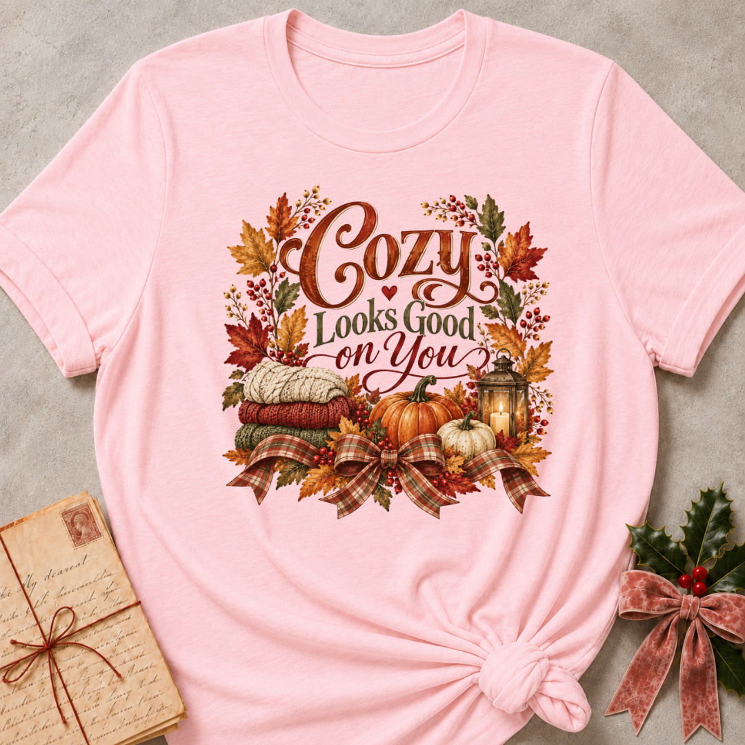 Pink relaxed fit tee with Cozy Looks Good on You lettering, stacked knit sweaters, pumpkins, a glowing lantern and a plaid bow