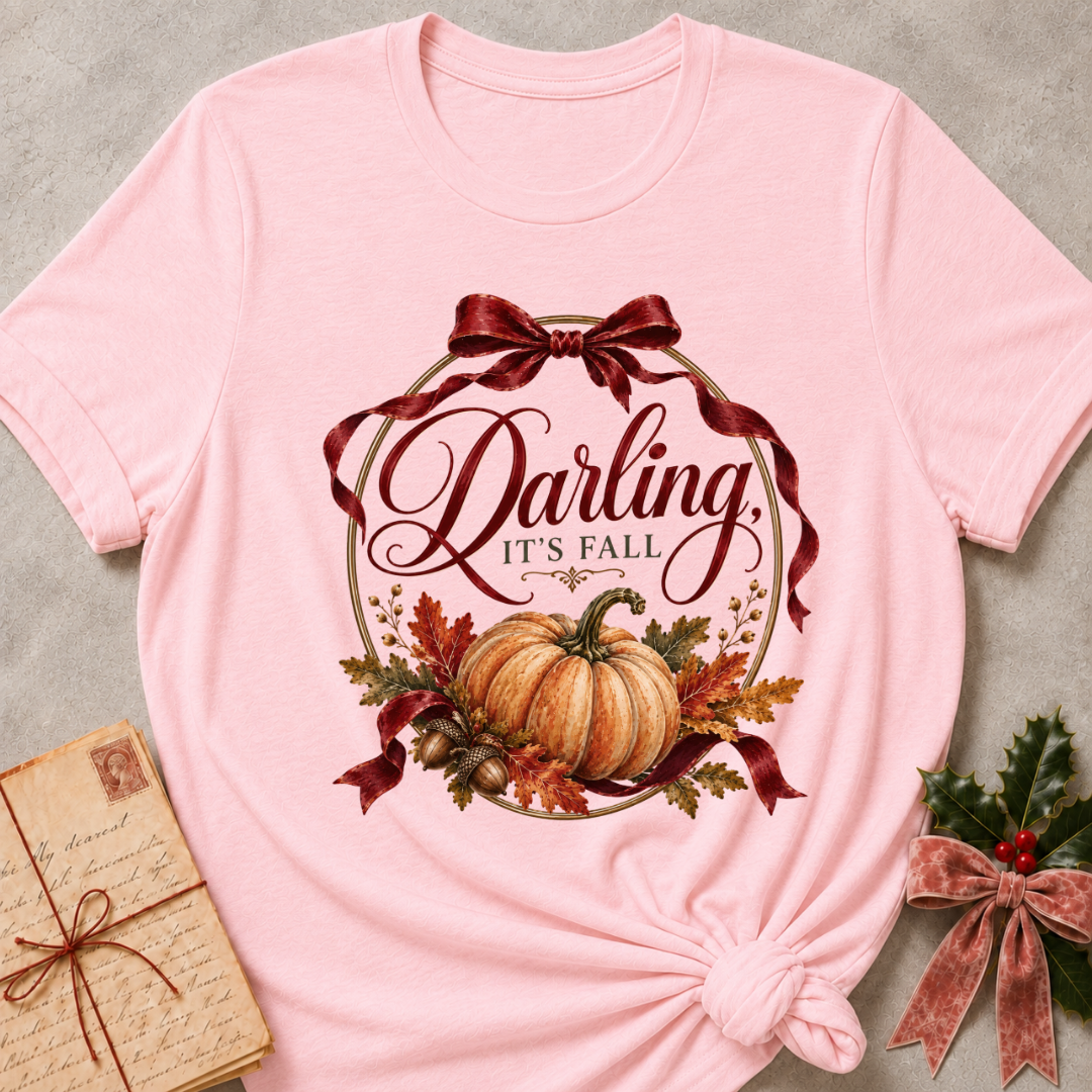 Pink women's relaxed tee with a vintage Darling It's Fall script design framed by a gold wreath, a burgundy ribbon bow, and a harvest pumpkin