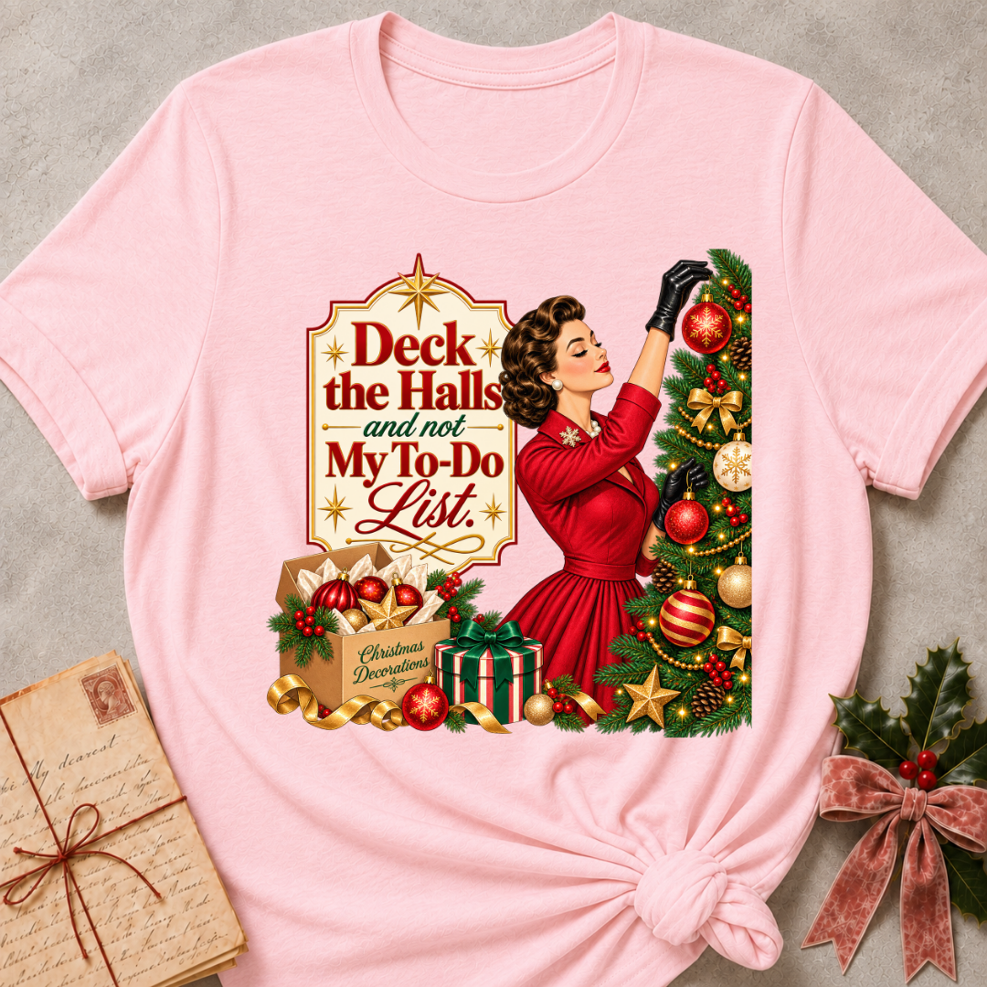 Pink relaxed fit tee with Deck the Halls and not My To-Do List lettering, a vintage woman in red trimming an ornament-covered tree