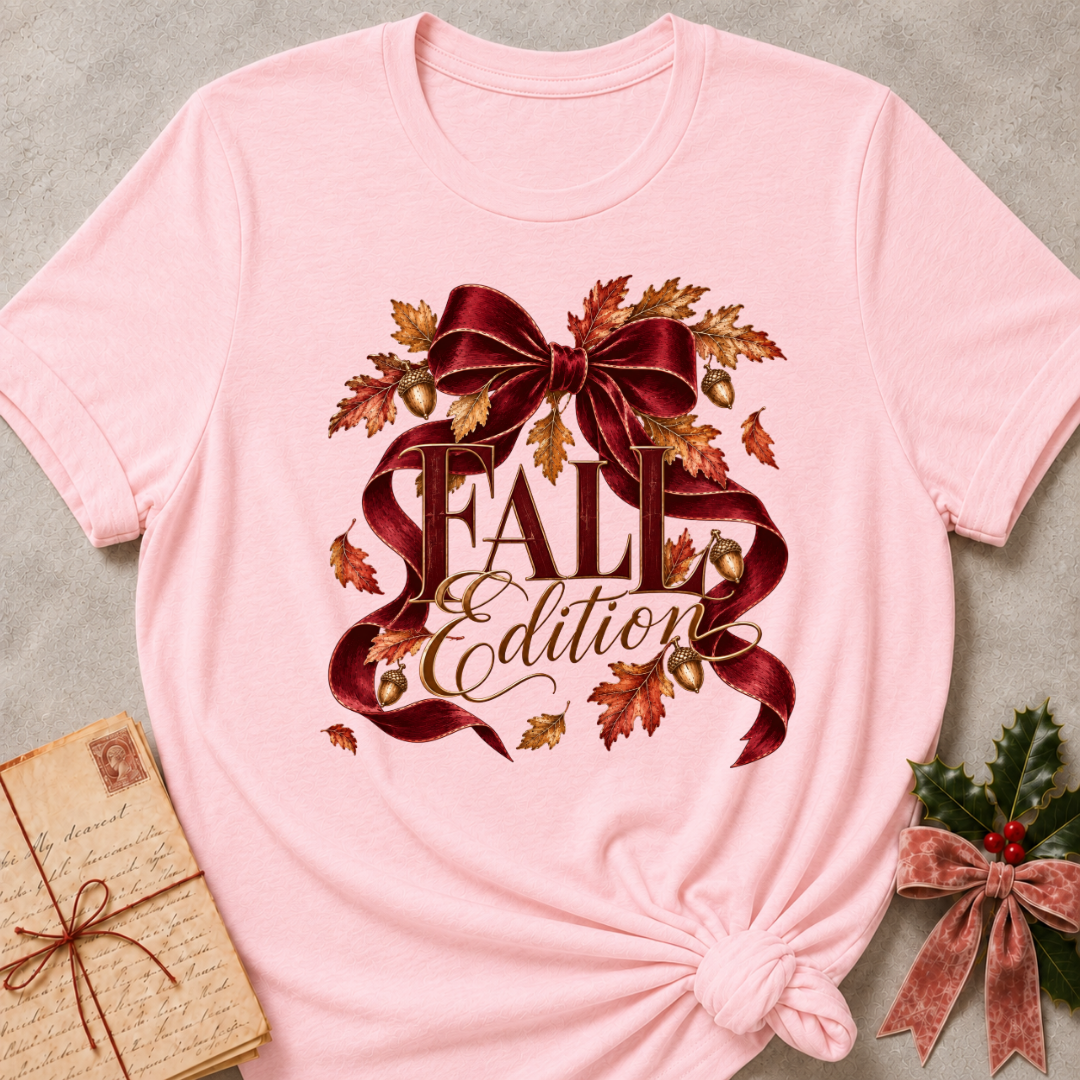 Pink women's relaxed tee with a Fall Edition script design wrapped in a burgundy satin bow with autumn leaves and acorns