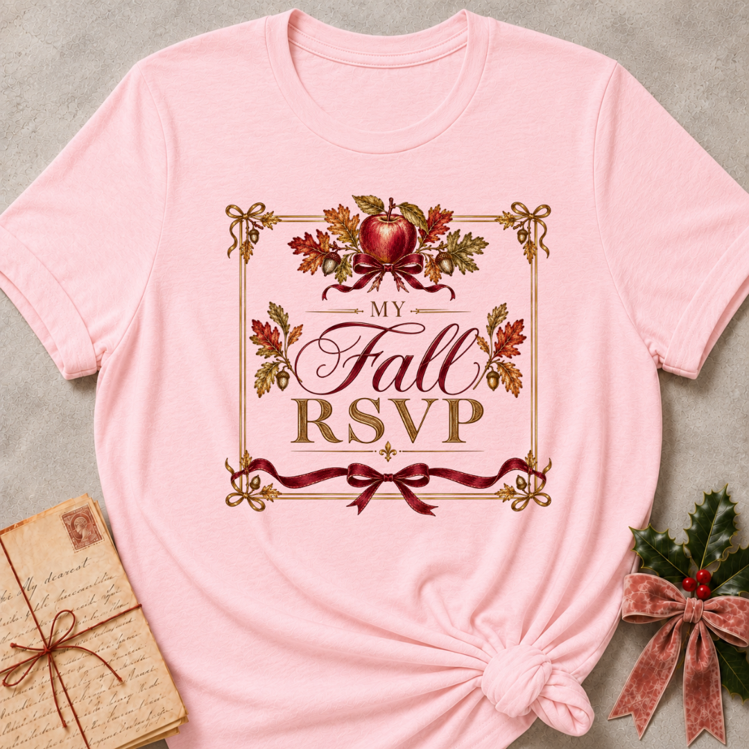 Pink relaxed fit tee with a vintage My Fall RSVP crest, red apple, oak leaves and a burgundy bow