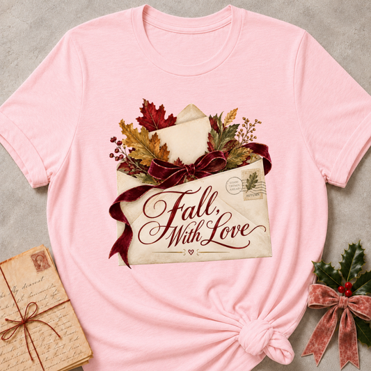 Pink women's relaxed tee with a Fall, With Love script design on a vintage envelope with autumn leaves and a burgundy ribbon bow