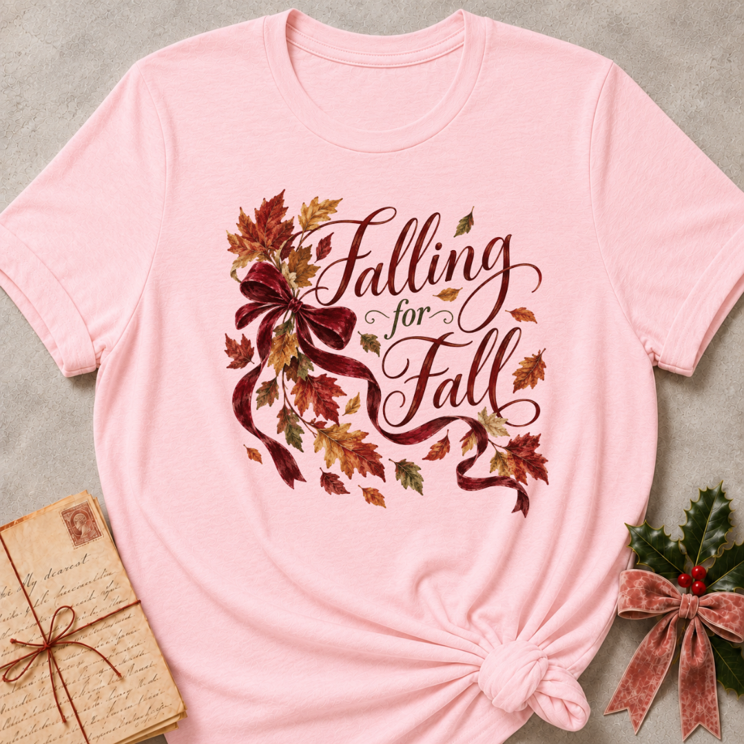 Pink relaxed fit tee with Falling for Fall script, a burgundy velvet bow and swirling autumn leaves