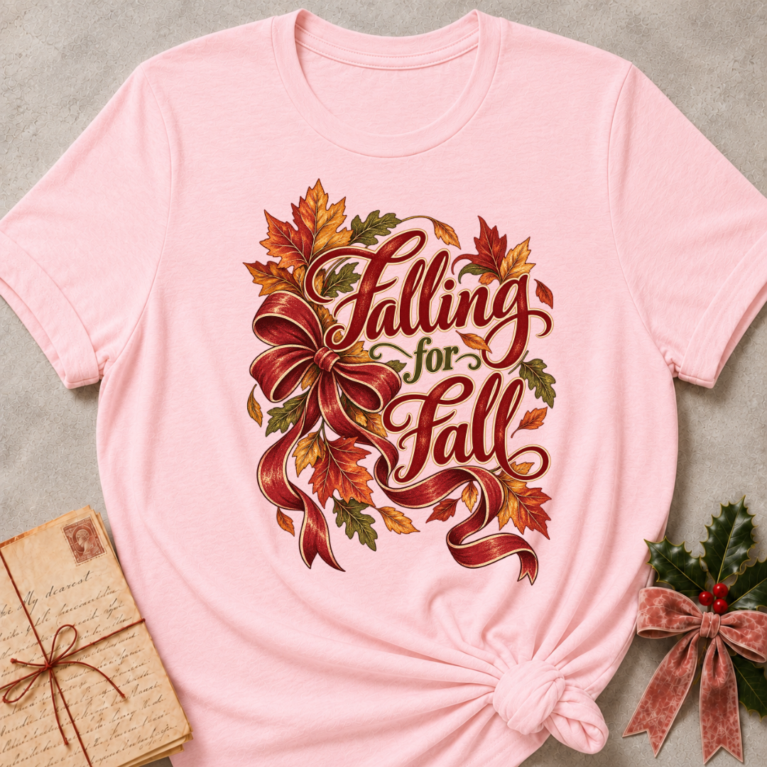Pink relaxed fit tee with Falling for Fall script, an oversized burgundy bow and swirling autumn leaves