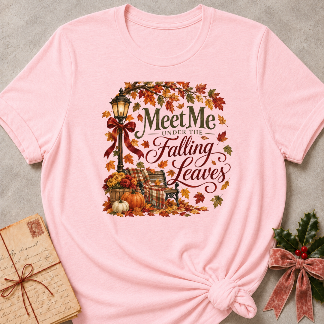 Pink relaxed fit tee with Meet Me Under the Falling Leaves lettering, a glowing lamppost, park bench, pumpkins and drifting maple leaves
