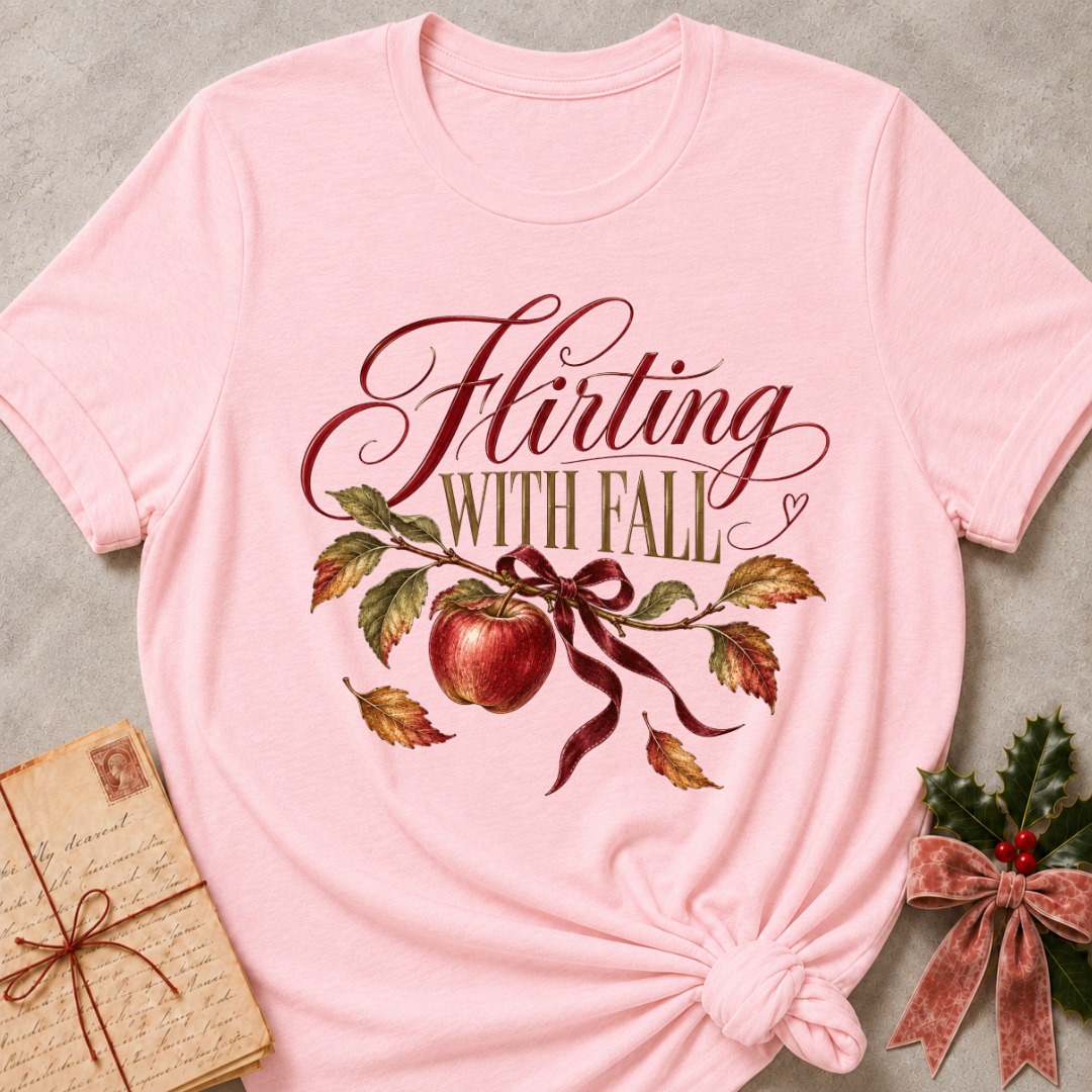 Pink women's relaxed tee with Flirting With Fall script above a red apple on a leafy branch tied with a burgundy ribbon
