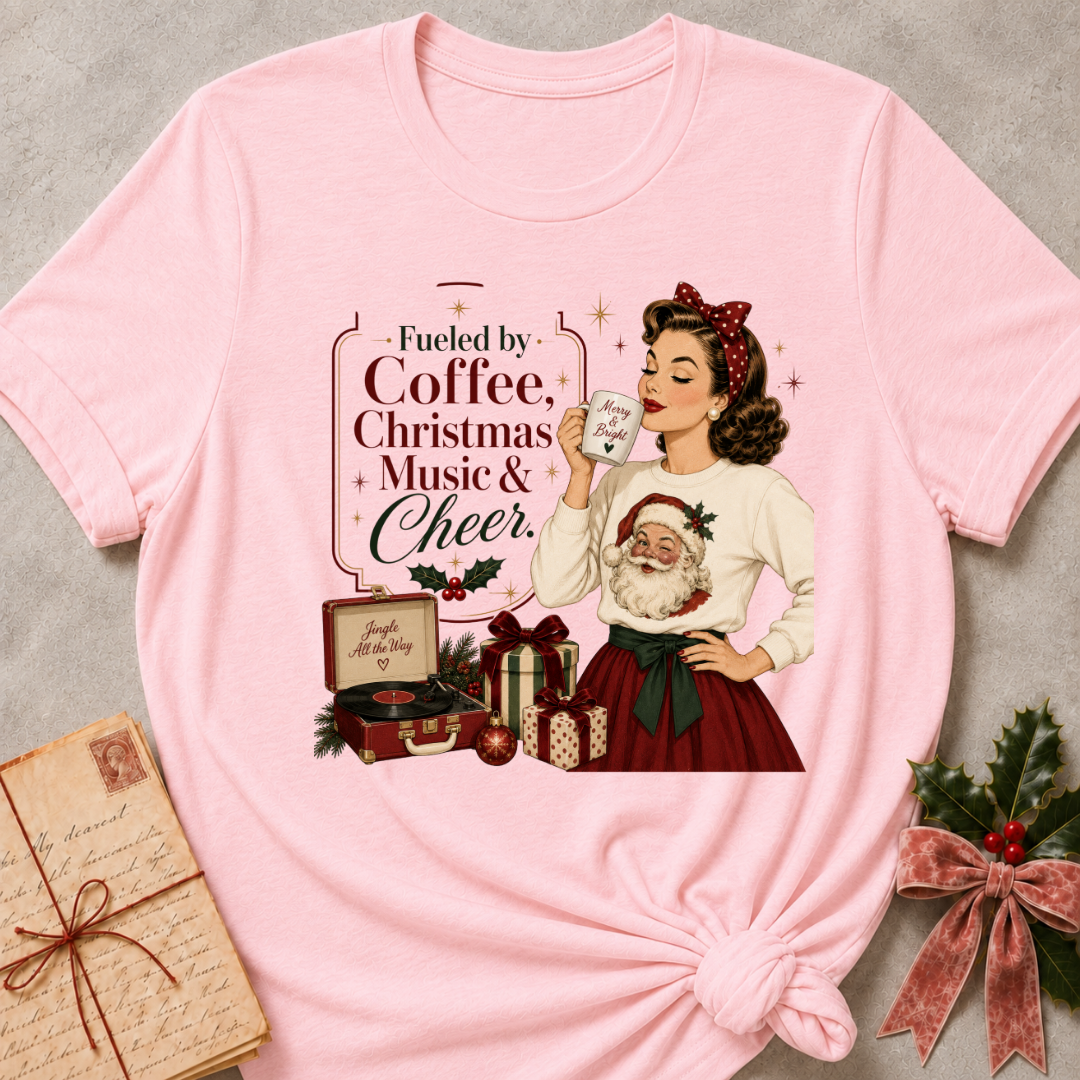 Soft pink relaxed fit tee with a retro Christmas pinup and Fueled By Coffee Christmas Music and Cheer lettering