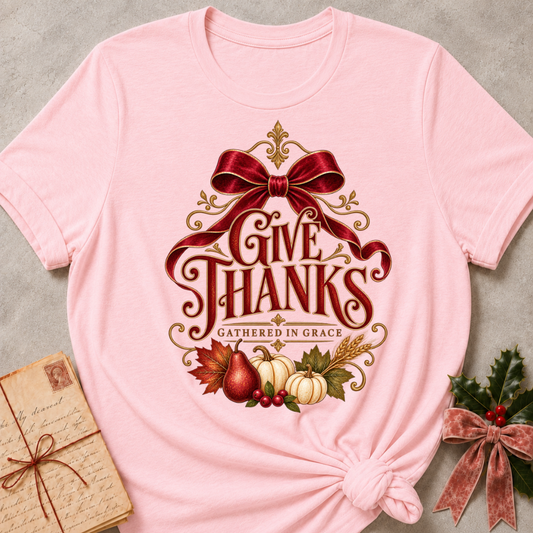 Pink Give Thanks tee with a satin red bow, pears, pumpkins and gold filigree harvest design