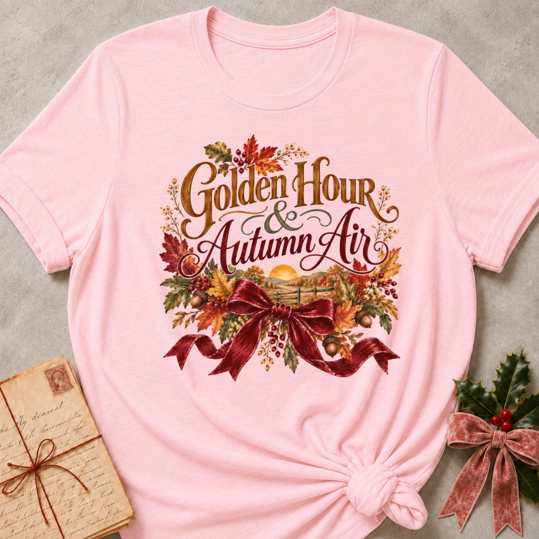 Pink relaxed fit tee with Golden Hour and Autumn Air lettering, a sunset over a wooden fence, fall leaves and a burgundy bow